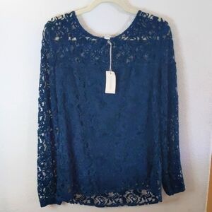 NWT Sundance Dark Blue Velvet Crochet L Blouse Boho Romantic